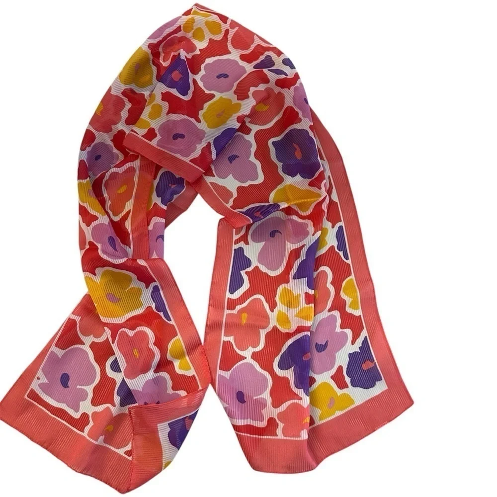 Women’s Pink, Purple, Gold & White Colorful Silk Chiffon Floral Scarf GUC